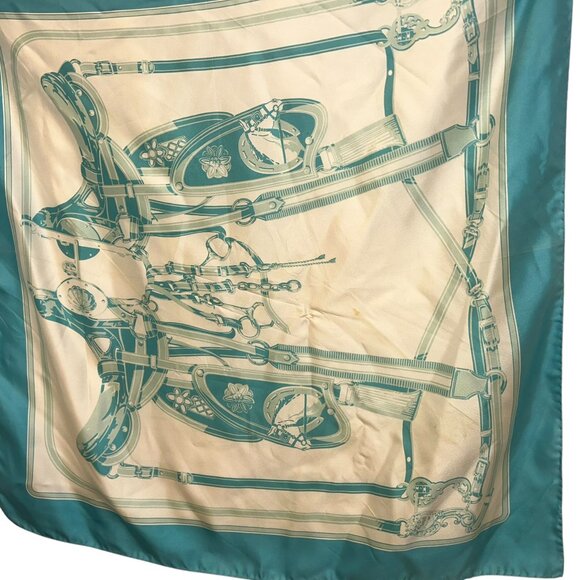 turquoise cream silk horse bridles equestrian hand rolled sewn scarf - Picture 2 of 8